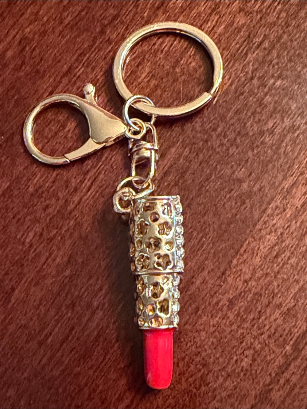 Gold Rhinestone Lipstick Keychain - Red - Picture 2 of 7